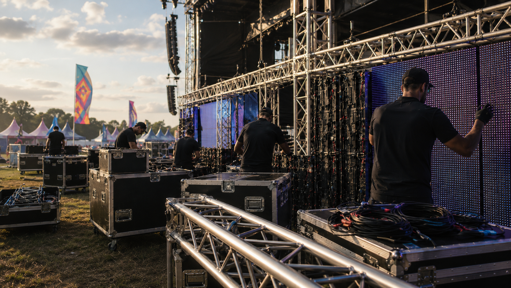 Crew building an LED wall and truss rig at an outdoor festival load-in, golden hour